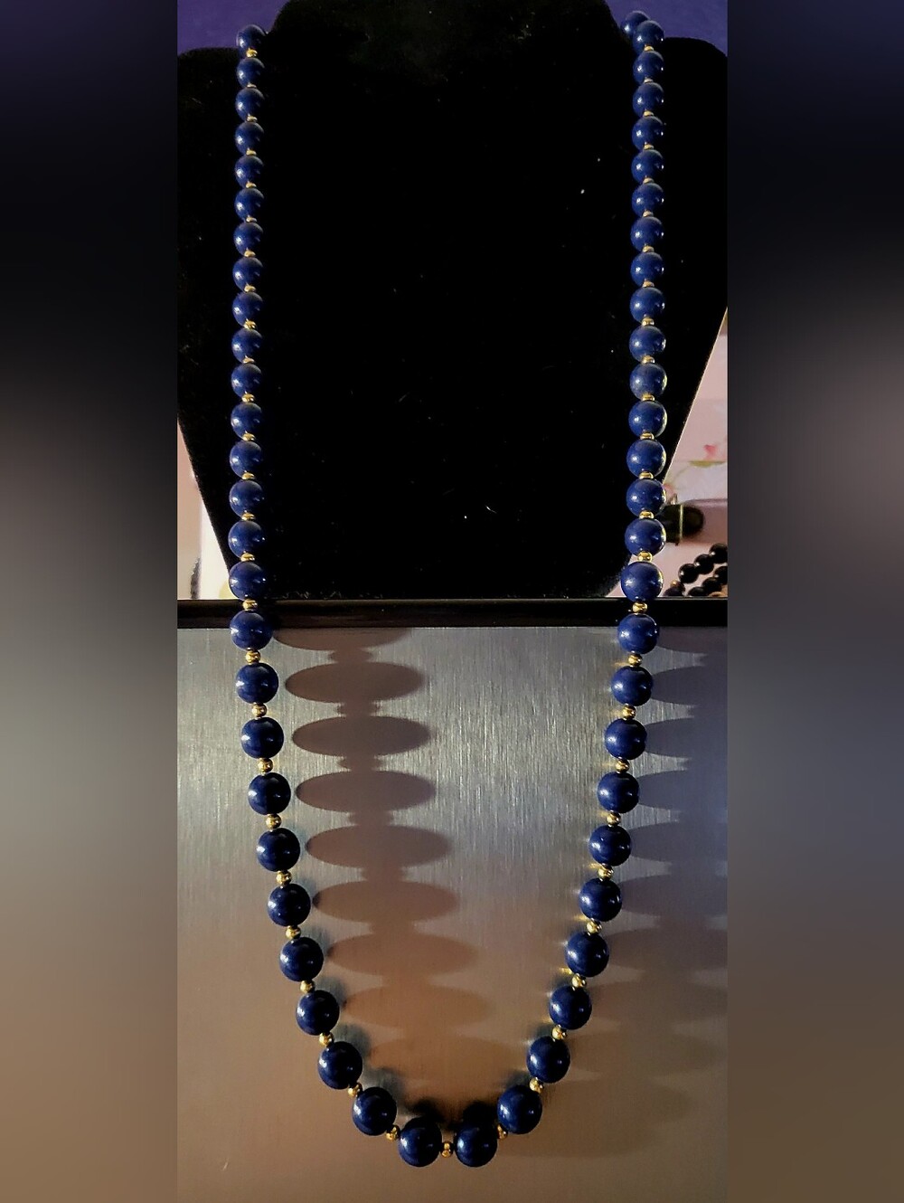 30" Vintage Monet Navy Blue Beaded Opera Length Necklace Gold Tone Spacers - Picture 1 of 5